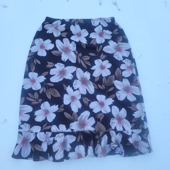 Tapemeasure Women’s Brown & White Stretch Floral Skirt Ruffles Elastic Waist M - Picture 8 of 9